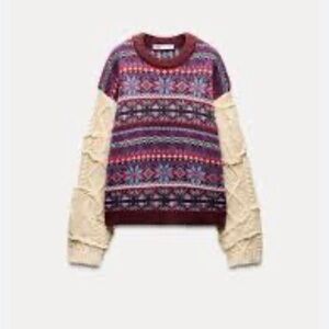NEW Zara Fair Isle Wool Blend Contrast Cable Knit Sweater Chunky Size Large